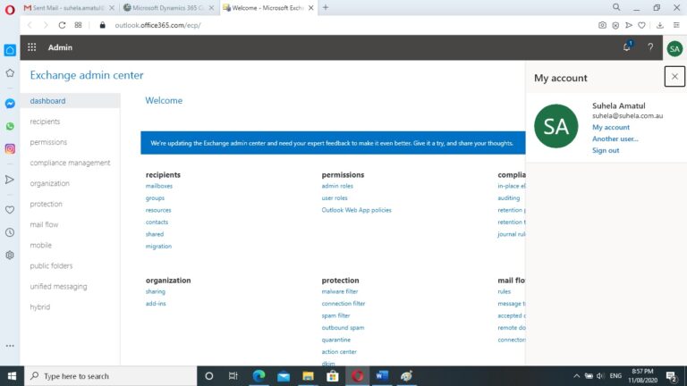 Admin panel -dashboard, recipients, permissions, protection, mailboxes, mail flow for my company on dynamics 365