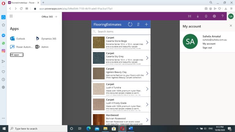 Office 365, Dynamics 365 admin panel, power automate, floor estimate app