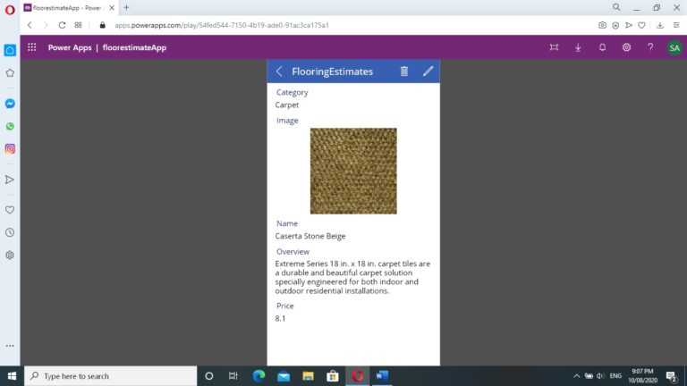 floor estimate app -screen 2- click on any product for futher description